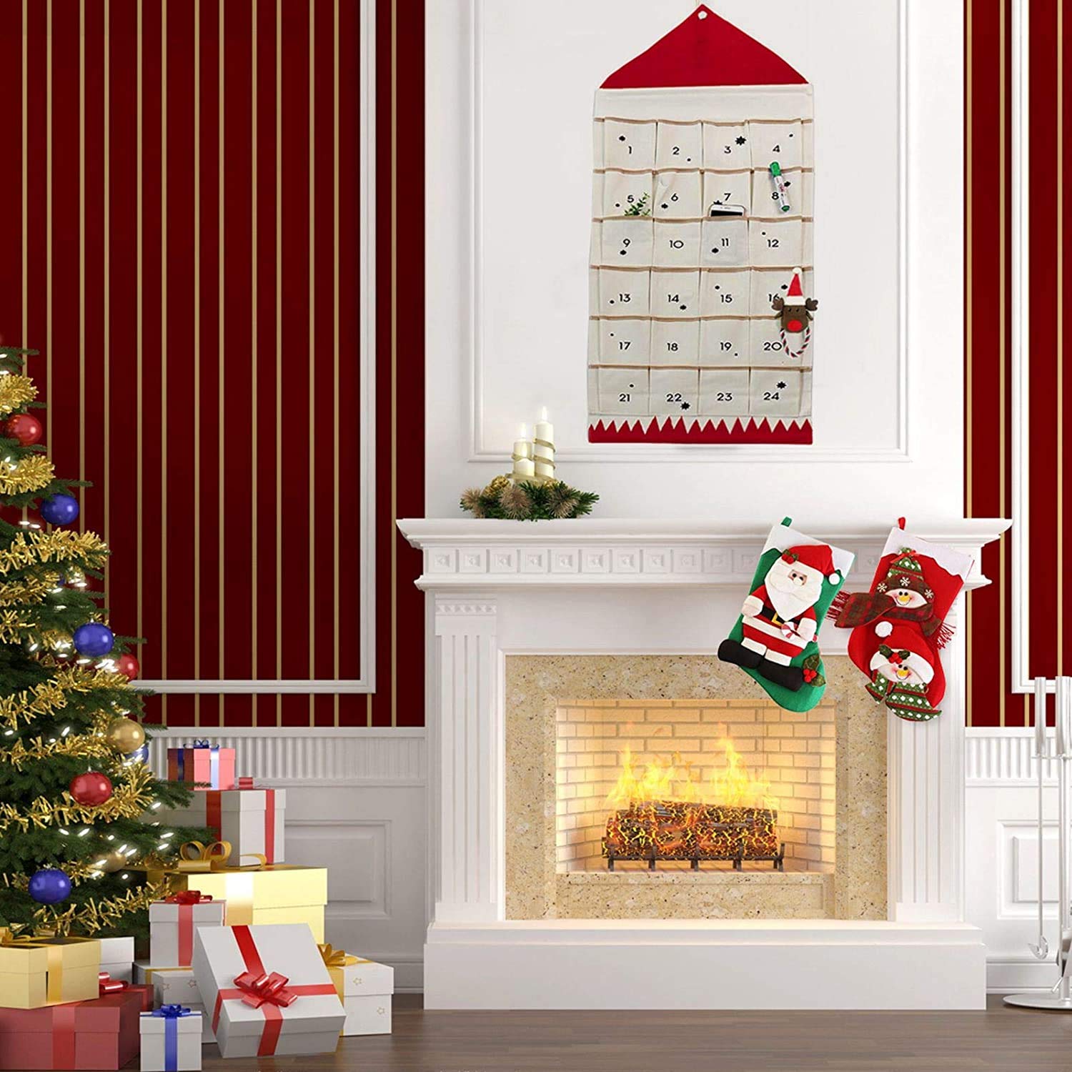 Christmas Advent Calendar with Pockets Wall Hanging Bag for Home Xmas Countdown Decoration (Red)